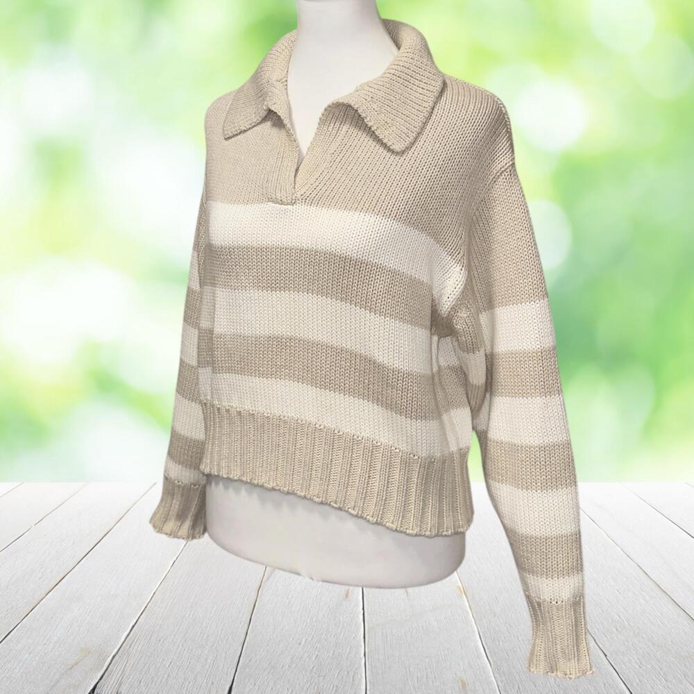 QUINCE Organic Cotton Polo Sweater Cropped Stripe Chunky Knit Coastal Beige XS